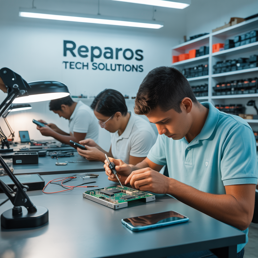 Taller moderno de TecnoFix Brasil con técnicos trabajando